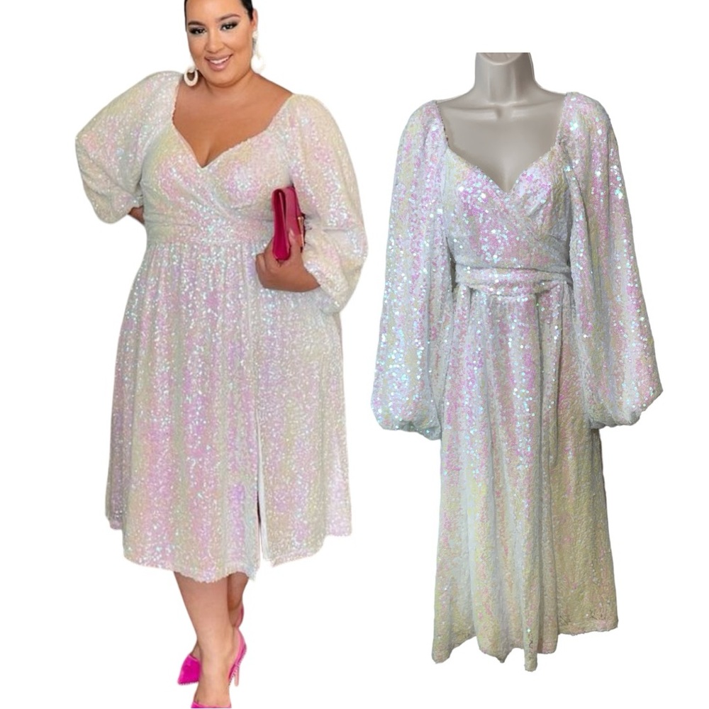 Eloquii White Iridescent Sequined Midi Dress w/ Wrap Top Size 16